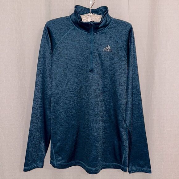 adidas L climalite Blue Black Heathered Quarter Zip Pullover Athletic Sweatshirt - Picture 1 of 12